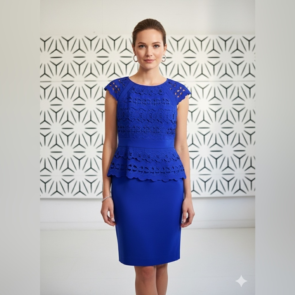 Antonio Melani Cobalt Blue Cocktail Dress w/ Laser Cutouts & Cap Sleeves – Sz 10